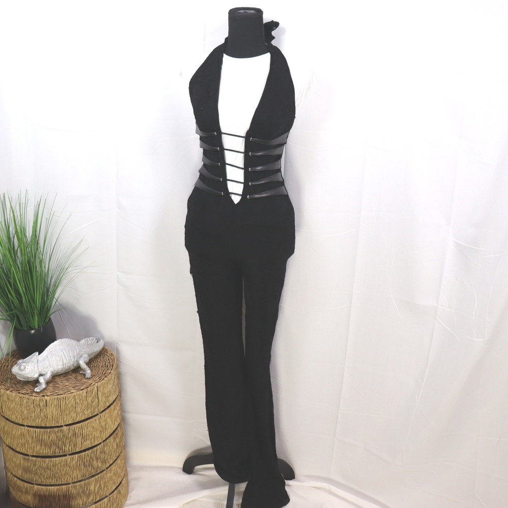 Unbranded Halter Jumpsuit S Black Womens Faux‎ Leather Lace Up Goth Clubwear